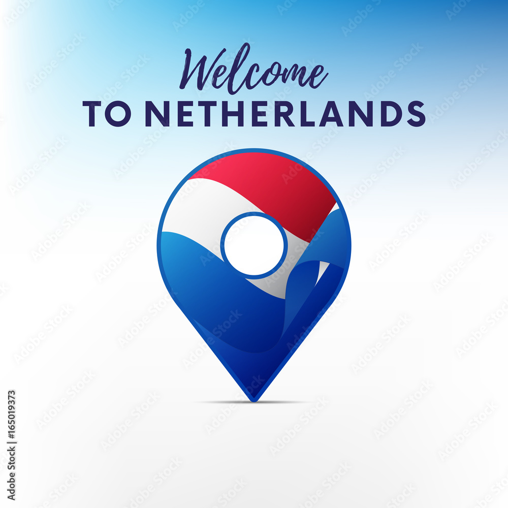 Flag of Netherlands in shape of map pointer or marker. Welcome to Netherlands. Vector illustration. Flag of Netherlands in shape of map pointer or marker. Welcome to Netherlands. Vector illustration.