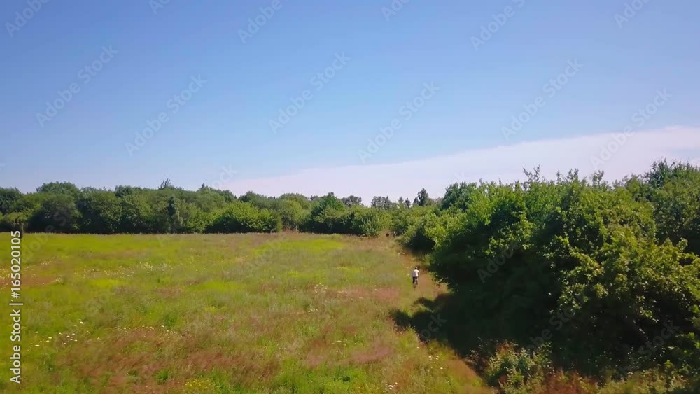 Man riding bicycle near summer time blooming meadow. Aerial view Man riding bicycle near summer time blooming meadow. Aerial view