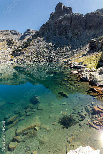 Panorama of lake with clear waters, Rila Mountain, Bulgaria