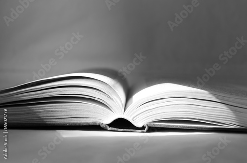 Wallpaper Mural Black and white photo with an open book, the front part of which is lit by a ray of sun. Torontodigital.ca