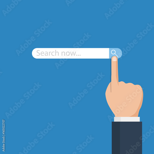 Hand of man touches search on screen, searching concept