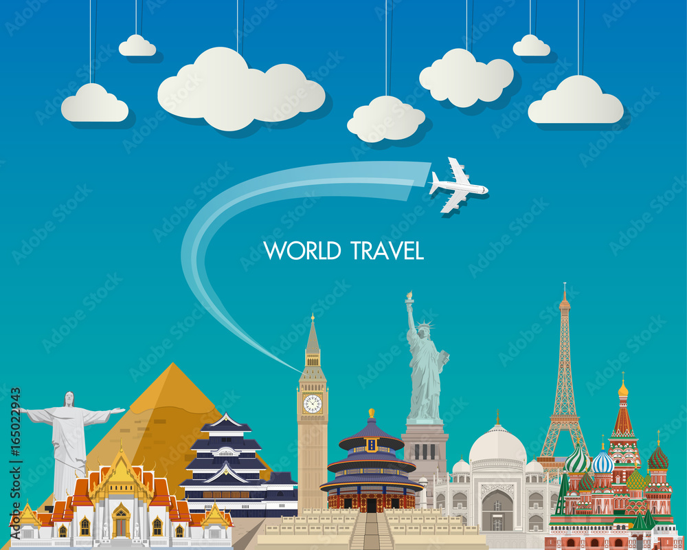 Fototapeta premium World famous Landmark paper art. Global Travel And Journey Infographic Bag. Vector Flat Design Template.vector/illustration.Can be used for your banner, business, education, website or any artwork