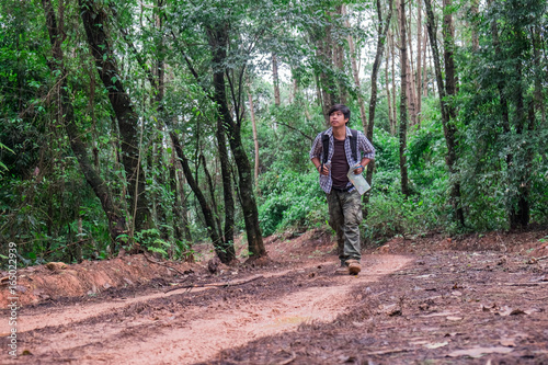 Lone traveler with a backpack walking along the road through the forest in the mountains.