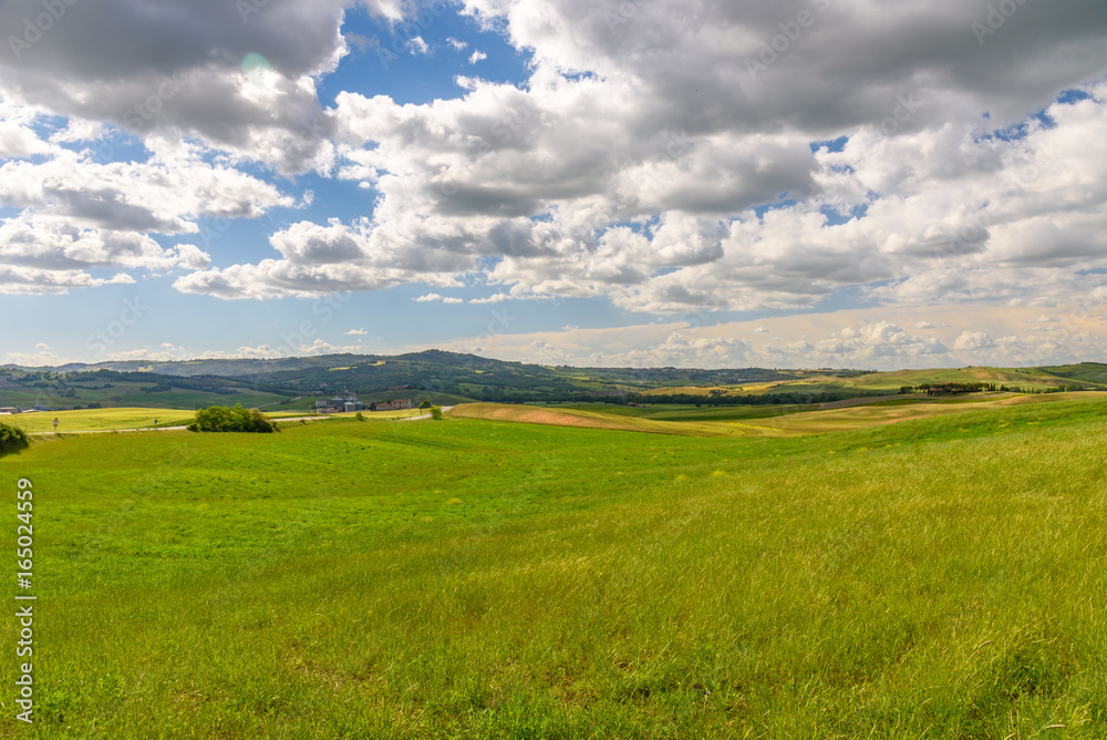 View of the countryside of Val'dOrcia Natural Area in Tuscany during spring season