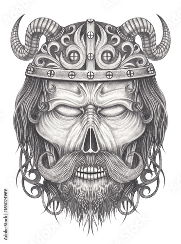 Art viking skull.Hand pencil drawing on paper.