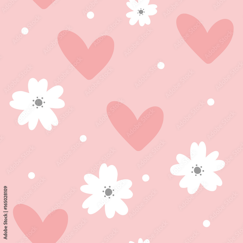 Cute feminine seamless pattern. Cartoon flowers, hearts and dots. Pastel colour. Cute feminine seamless pattern. Cartoon flowers, hearts and dots. Pastel colour.