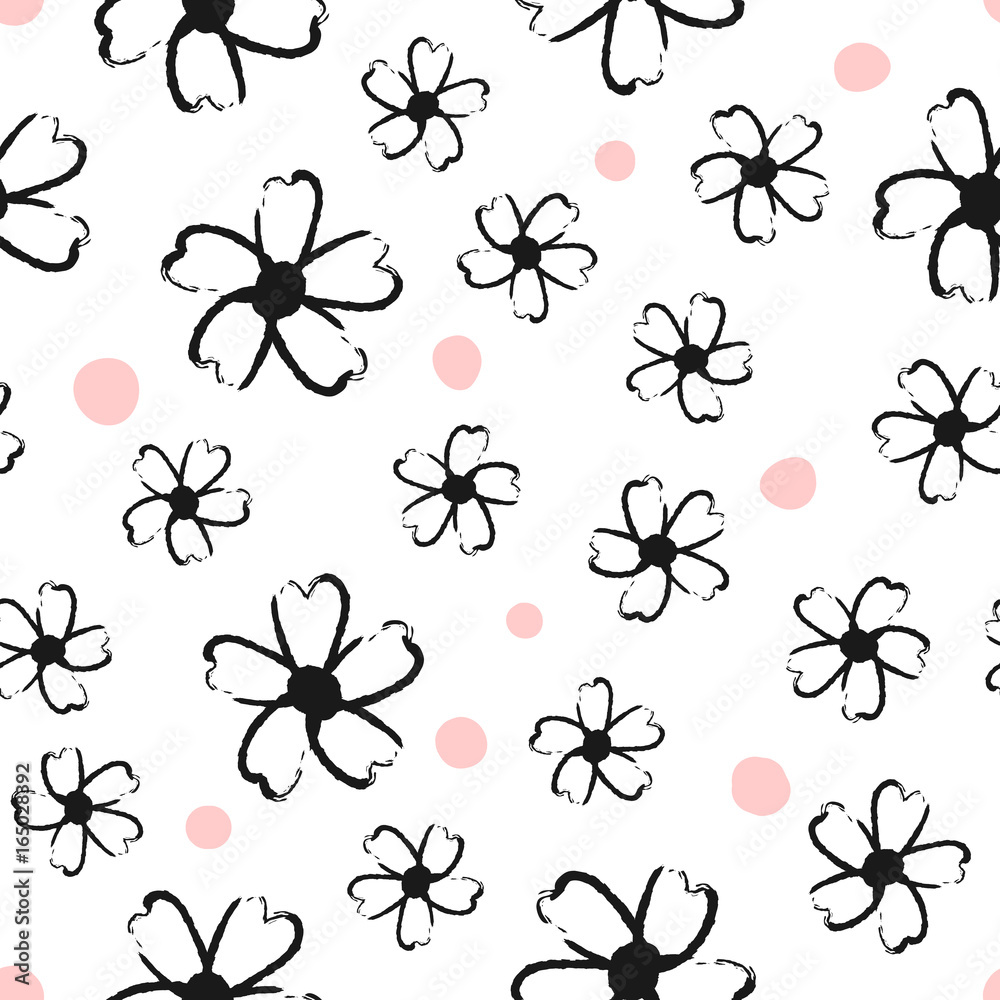 Seamless floral grunge pattern. Repeated flowers and round spots. Drawn by hand rough brush. Sketch, ink, graffiti. Seamless floral grunge pattern. Repeated flowers and round spots. Drawn by hand rough brush. Sketch, ink, graffiti.