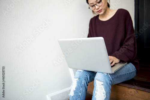 Woman Working Using Laptop Techie