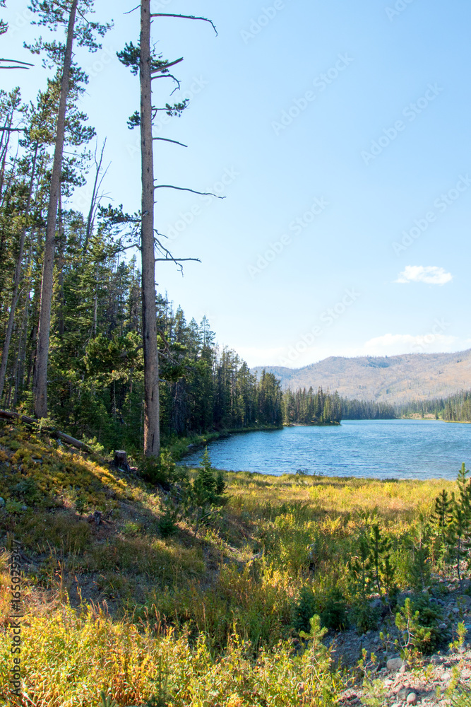 Drought stricken Sylvan Lake on Sylvan Pass on the highway to the east entrance of Yellowstone National Park in Wyoming USA