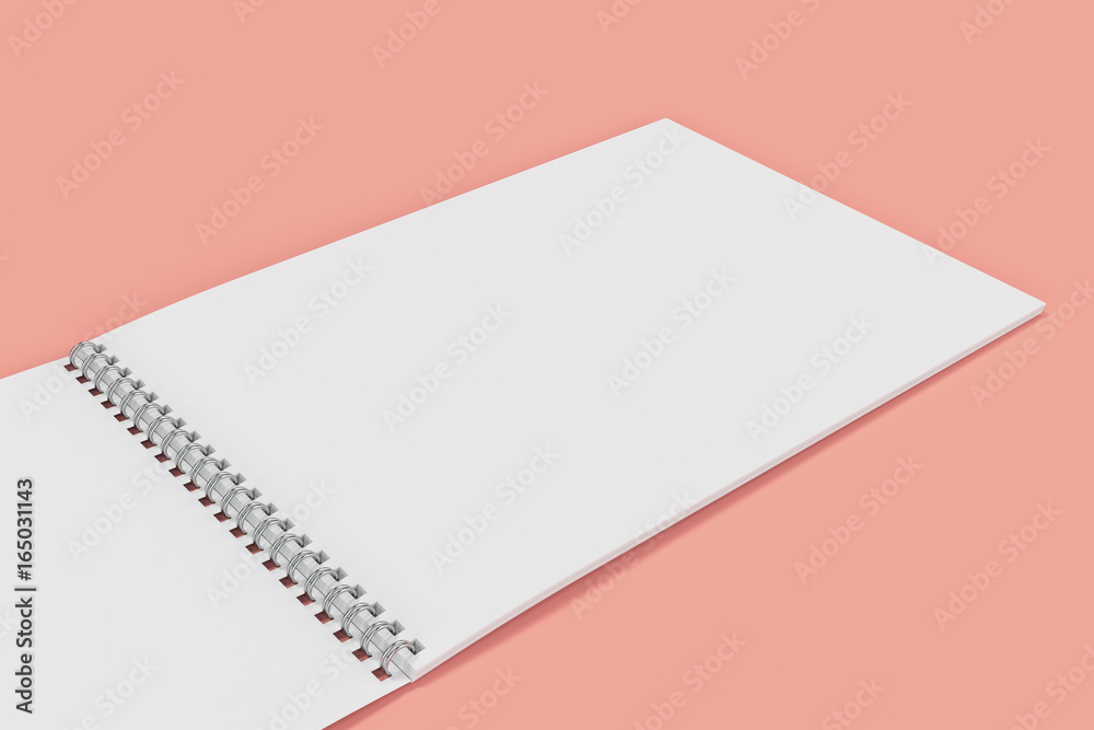 Open blank white notebook with metal spiral bound on red background Open blank white notebook with metal spiral bound on red background