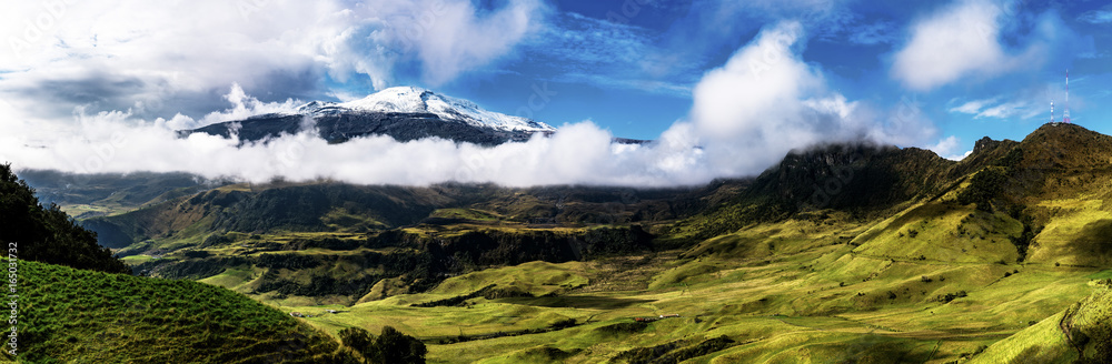 A panoramic view of Nevado del Ruiz an active Volcano.   In Parque Nacional Natural Los Nevados near Manizales, Colombia.