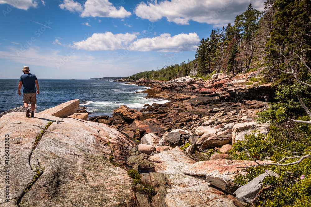 
A man walks on large boulder surrounded by rocky shoreline and forest during a hike on a beautiful summer day