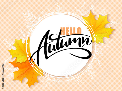 Vector banner with hand lettering label - hello autumn - yellow autumn maple leaves and flares