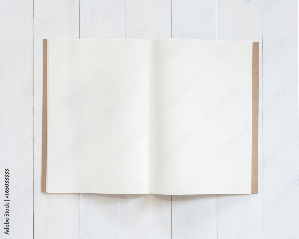 Book mockup template open page  A4-size recycle paper flat lay on white wood table from top view
