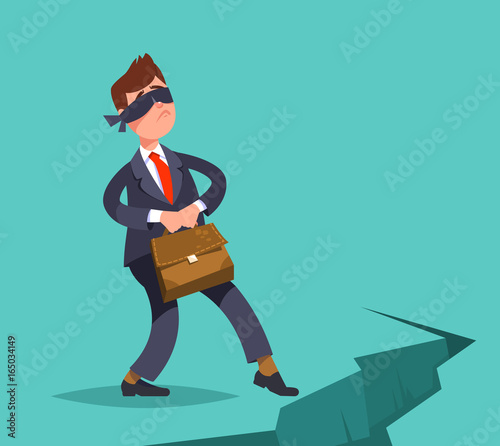 Vector illustration inexperienced, weak businessman take a step blindfolded on the edge of the abyss. Business concept