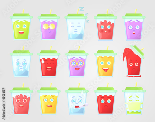 Big set of colored lemonade with emotions. Closed green cover with straw. Summer drink. Emotional icon, emoticon for message and communication. Vector illustration, isolated on gray background.