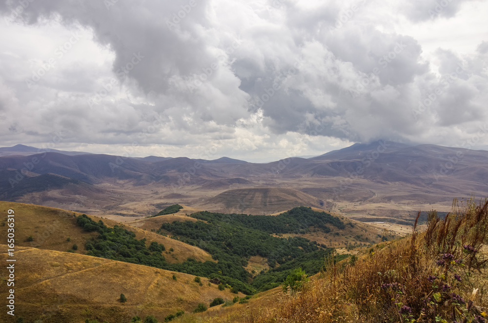 Panorama mountains near Jermuk spa resort city and Arpa river canyon form ropeway station. Armenia.