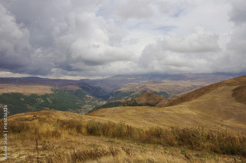 Panorama mountains near Jermuk spa resort city and Arpa river canyon form ropeway station. Armenia.