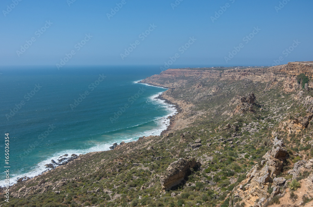 Panoramic view to Atlantic ocean and cliff coast  Morocco, near Safi town.