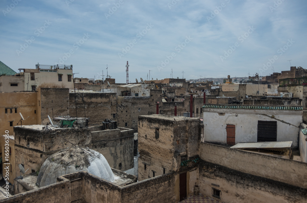 View to roof of medieval Fez medina from Nejjarine Museum of Wooden Arts & Crafts terrace, Morocco