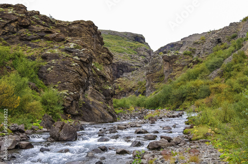 Scenic view to canyon of Glymur waterfall - highest waterfall of Iceland.