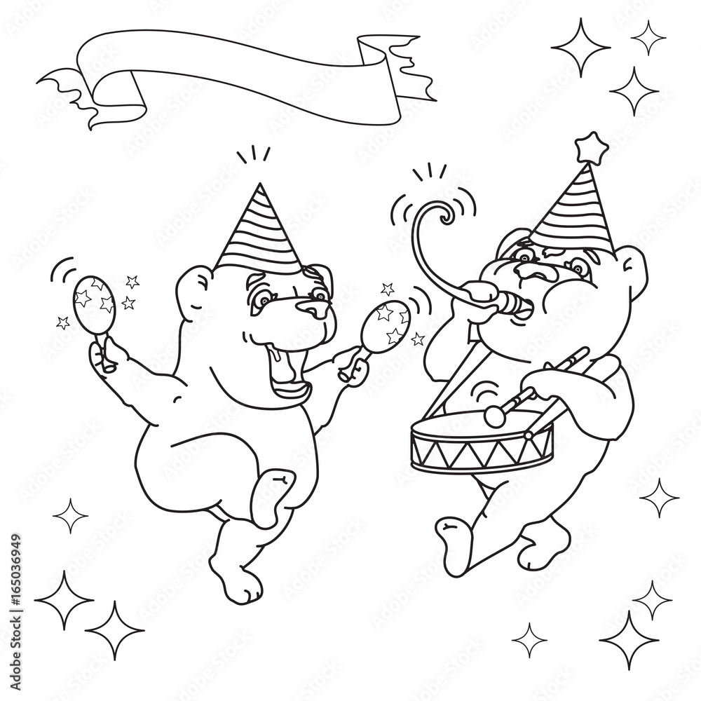 Two funny bears  in party hats. Black line on white.