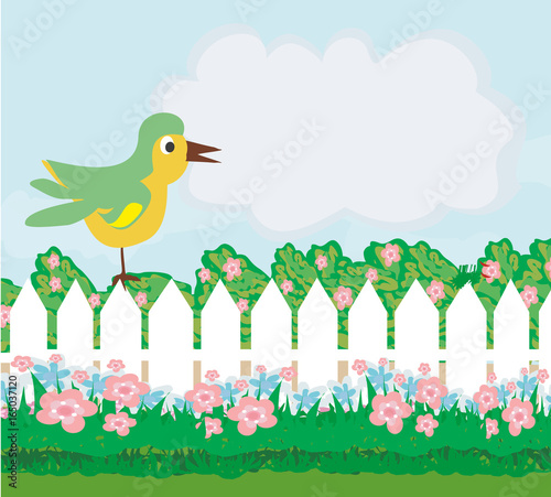 bird and flowers cartoon border in summer