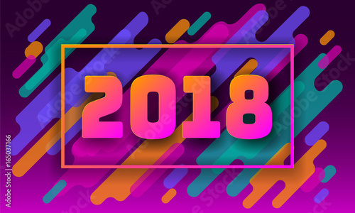 New year 2018 Greeting Card Template. Motion Dynamic Shapes Material Design. Colorful geometric background gradient number. Purple pink green color vector illustration