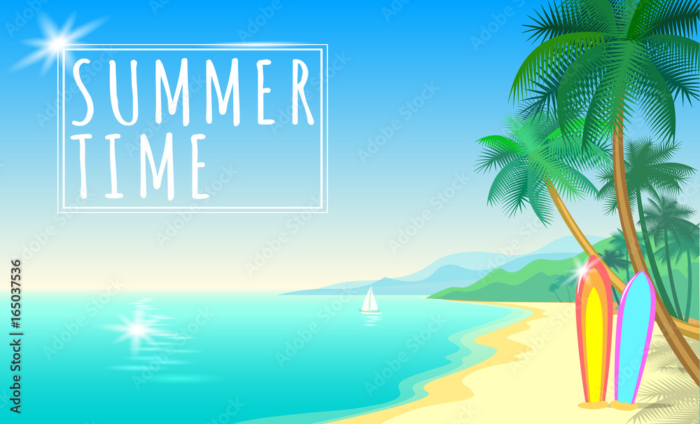 Summer sea palm beach web banner. Sand seashore blue water wave sunshite hot day surf boards boat. Background vector illustration