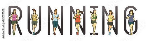 Running text font design, Marathon runners, Group of people running, Women running graphic vector.