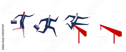 A businessman jumping higher over hurdle . A businessman running with laptop. Business concept.