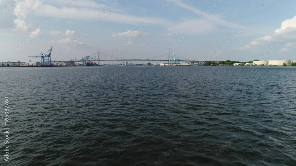 Flying Very Fast Low to Water Delaware River Walt Whitman Bridge Philadelphia Flying Very Fast Low to Water Delaware River Walt Whitman Bridge Philadelphia