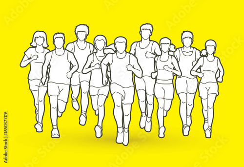 Marathon runners, Group of people running, Men and women running outline graphic vector.