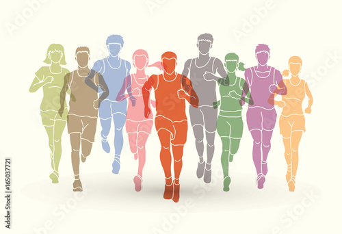 Marathon runners, Group of people running, Men and women running designed using colorful graphic vector.