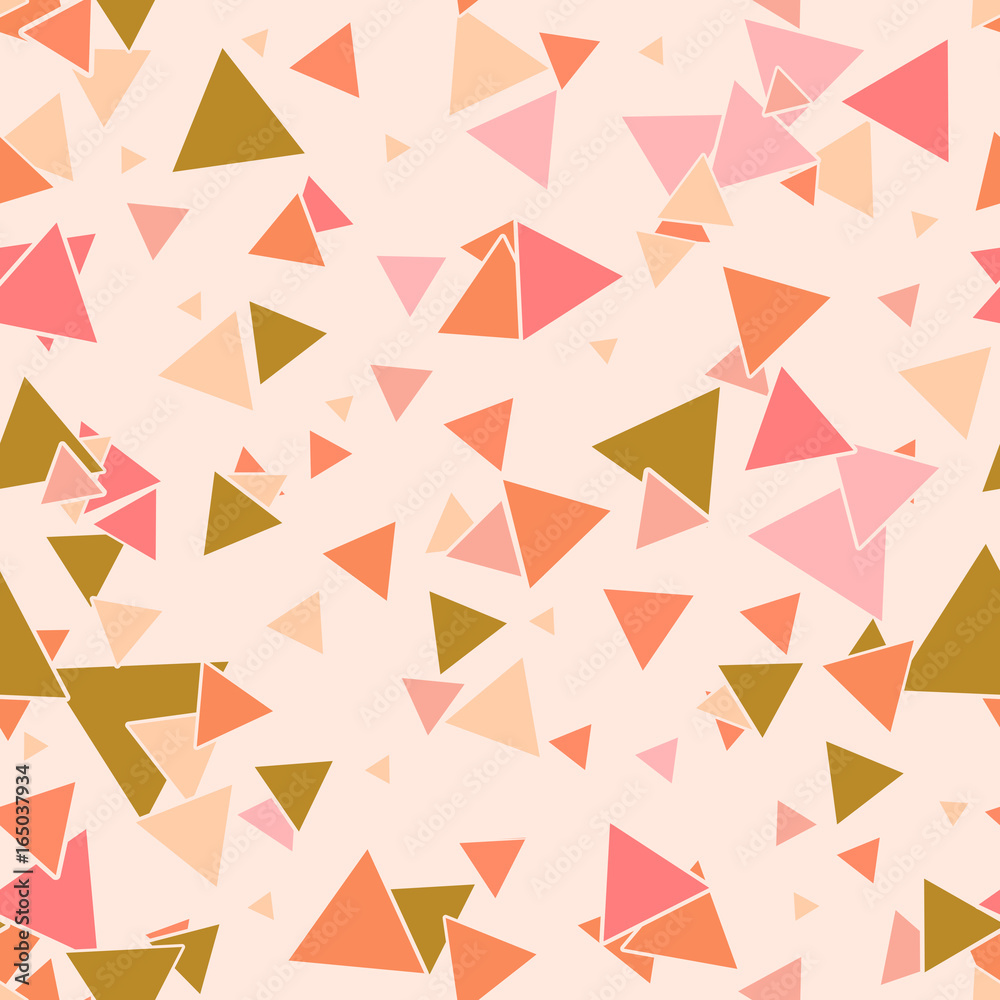 Abstract seamless pattern with colorful pink, gold, orange chaotic small triangles on pastel pink background. Infinity triangular, geometric card. Vector illustration.