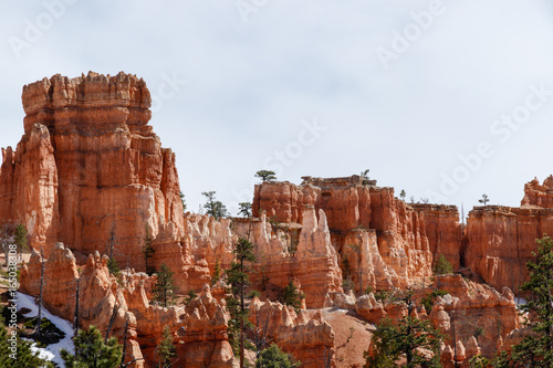 View of Hoodoos dotted with pine trees in Bryce Canyon National Park, along the Navajo Loop trail. 
