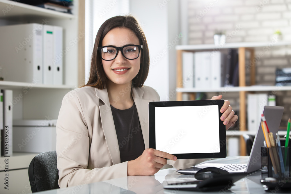 Smiling Woman Showing Blank Digital Tablet Smiling Woman Showing Blank Digital Tablet