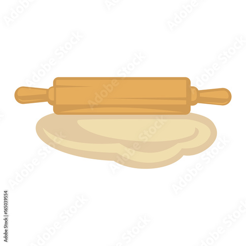 Flat dough and wooden rolling pin isolated illustration