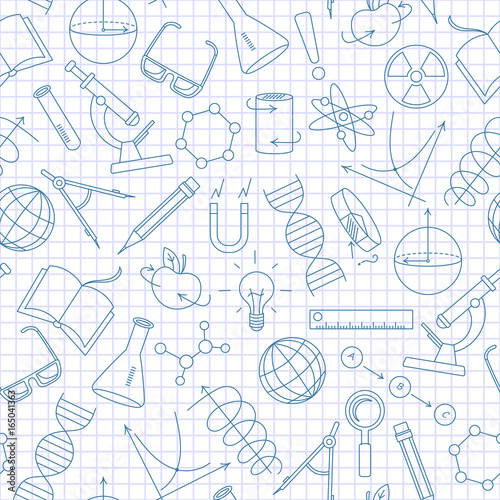Seamless pattern on the theme of science and inventions, diagrams, charts, and equipment,a simple contour icons, dark blue outline on a light background in a cage