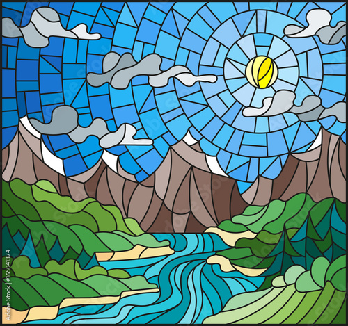 Illustration in stained glass style with the meandering river on a background of mountains, forests and Sunny sky
