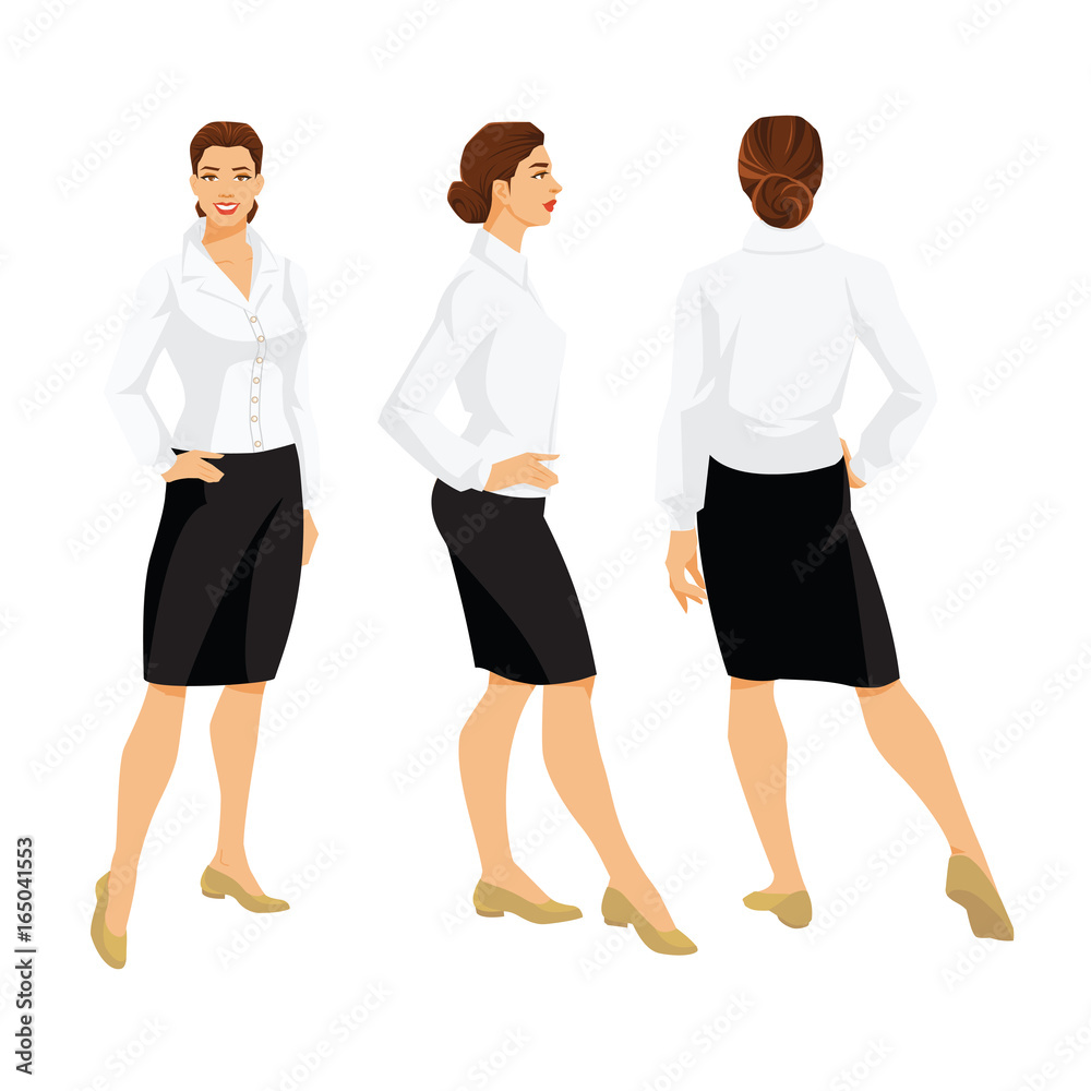 Vector illustration of woman in formal black skirt, white blouse and shoes on flat heel on white background. Various turns woman's figure. Front view, side view and back view. Vector illustration of woman in formal black skirt, white blouse and shoes on flat heel on white background. Various turns woman's figure. Front view, side view and back view.