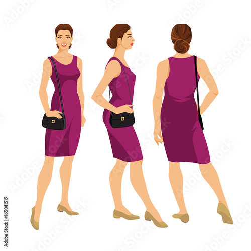 Vector illustration of young woman in elegant dress and shoes on flat heel on white background. Various turns woman's figure. Front view, side and back view.