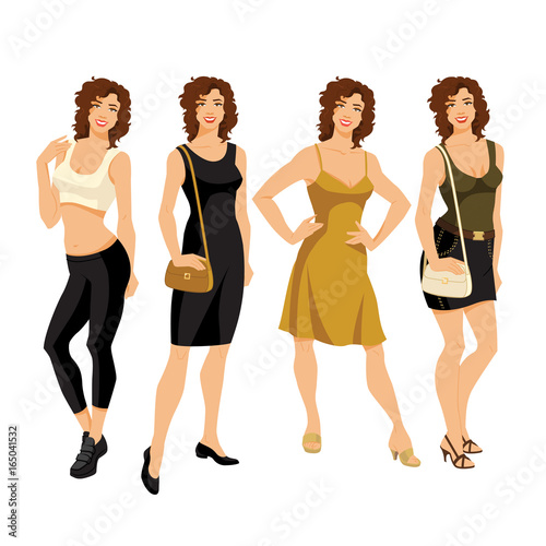 vector  illustration of woman in different clothes isolated on white background