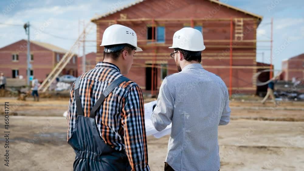 A man a builder in uniform and an adult architect in a protective helmet are holding in their hands a plan for the construction of country houses in a cottage community