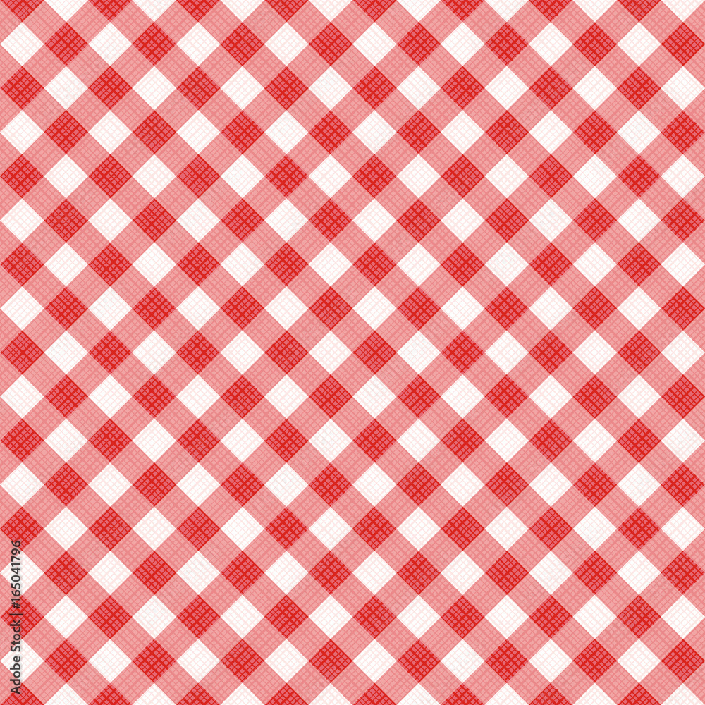 Seamless (you see 4 tiles) red diagonal gingham cloth, tablecloth, pattern, swatch, background, or wallpaper with fabric texture visible 
