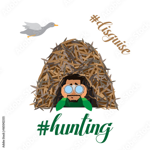 Hunter man character hunting ducks. Vector flat cartoon illustration with hashtag quotes lettering