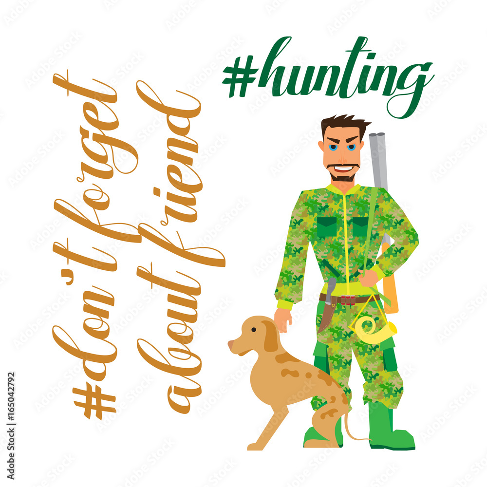 Hunter With Dog going to hunting- Flat Clipart Illustration Stock