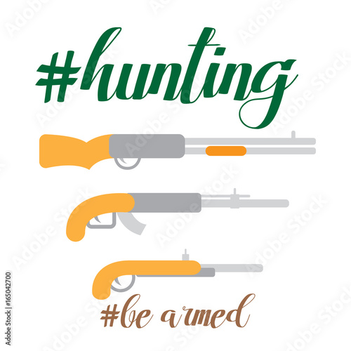Flat vector illustration of hunter stuff gun, ammunition, hunting, with hashtag quotes phrases be armed