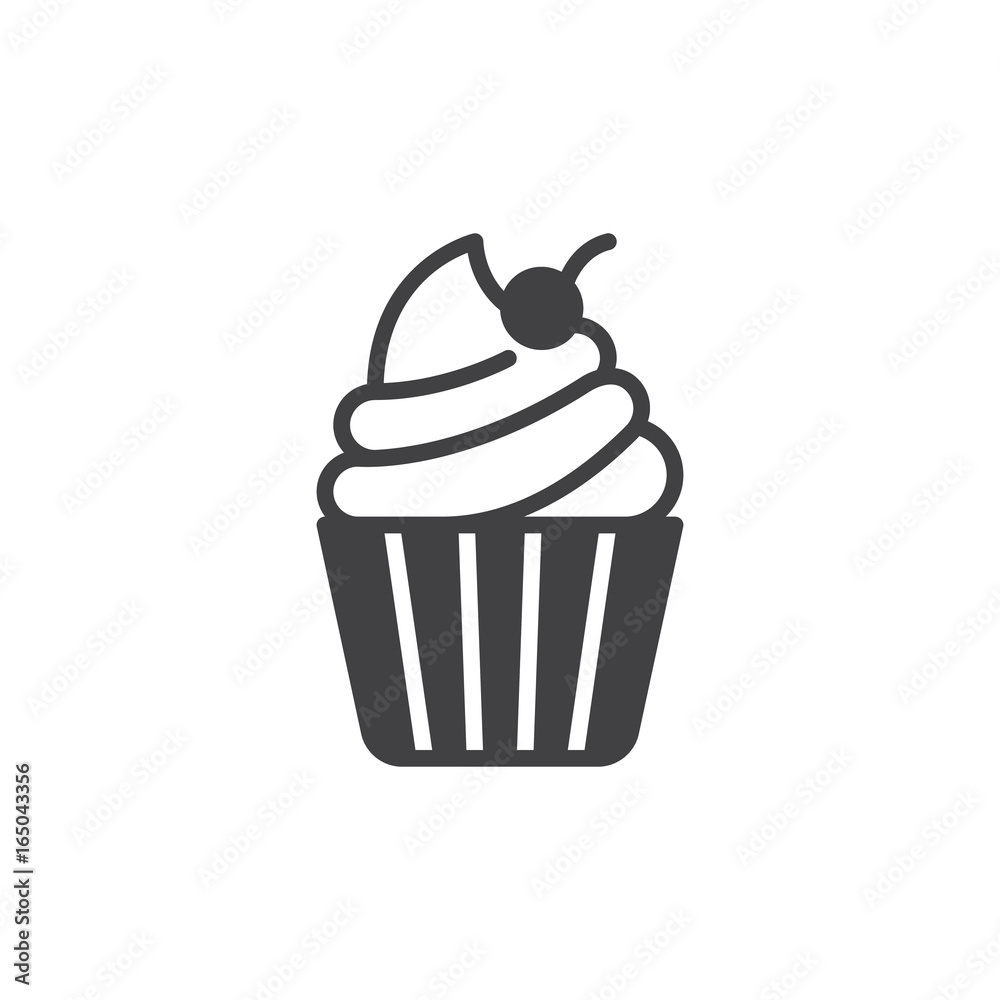 Cupcake with cherry on top icon vector, filled flat sign, solid pictogram isolated on white. Desert symbol, logo illustration. Pixel perfect vector graphics