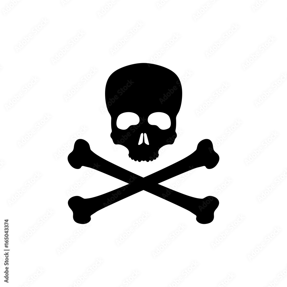 Black silhouette of skull and bones on white background. Pirate flag Jolly Roger. Poison Icon